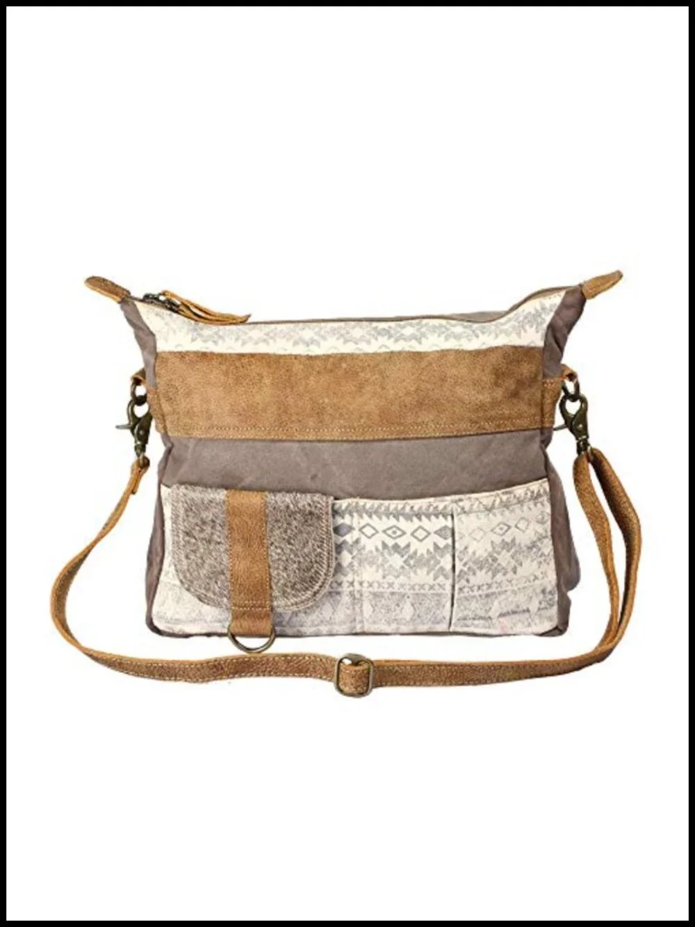Canvas Mexican Boho Crossbody Bag with Genuine Leather Detailing